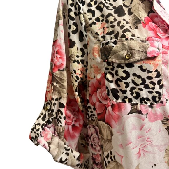 DRESSBARN Blouse Size Large Leopard Print Floral Button Down Long Length Pretty - Picture 5 of 9
